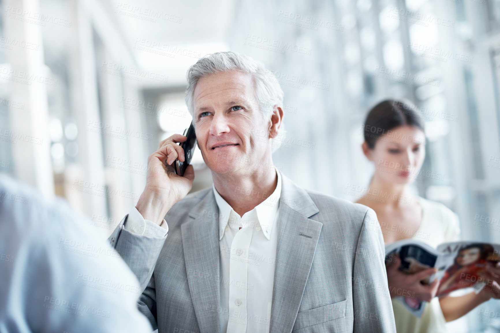 Buy stock photo Boarding, phone call or employee at airport with waiting, b2b trip or online chat on departure time. Corporate, tech or mature man with queue, business travel or contact feedback on flight schedule.