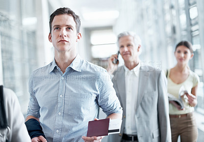 Buy stock photo Walking, ticket and business man in airport for departure terminal, travel and commute for conference. Gate, hallway and people with documents, papers and boarding pass for journey or work trip