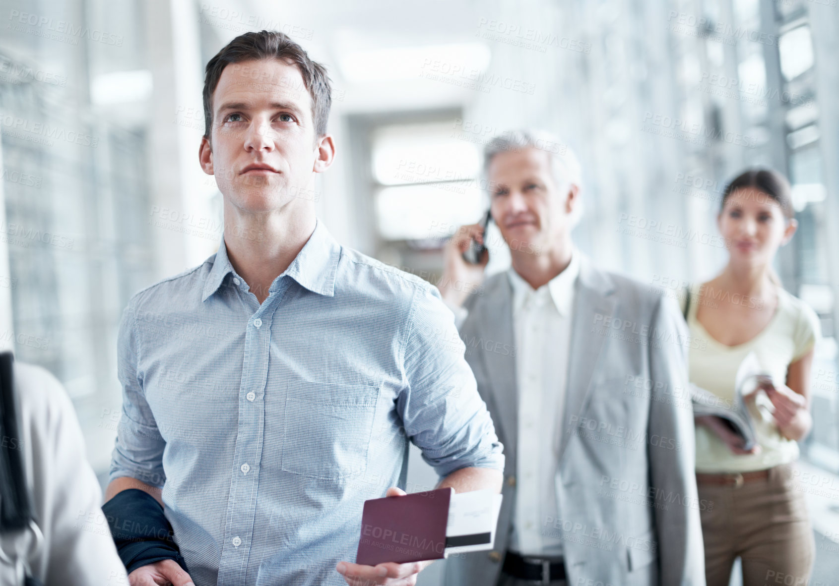 Buy stock photo Walking, ticket and business man in airport for departure terminal, travel and commute for conference. Gate, hallway and people with documents, papers and boarding pass for journey or work trip