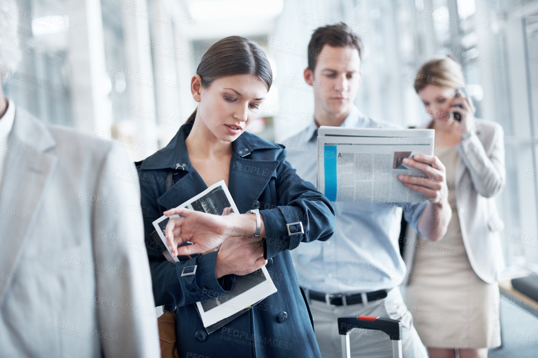 Buy stock photo Woman, airport and check time in queue for travel delay, business trip and global journey. People, international flight or person with watch, schedule or waiting for departure with late passenger