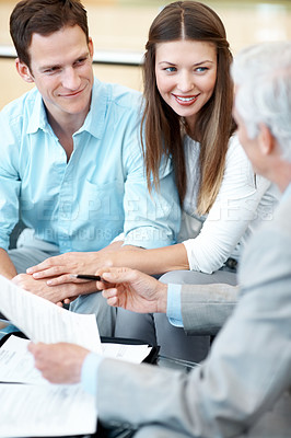 Buy stock photo Advice, documents and lawyer with couple in office for prenup agreement, meeting and review. Marriage contract, legal advisor with man and woman in law firm for deal, estate planning and proposal