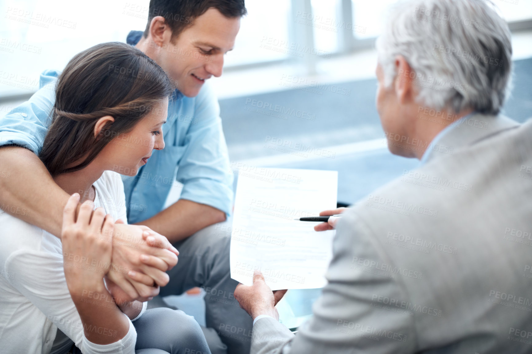 Buy stock photo Advice, documents and lawyer with couple in office for prenup agreement, meeting and reading. Marriage contract, legal advisor with man and woman in law firm for deal, estate planning and proposal