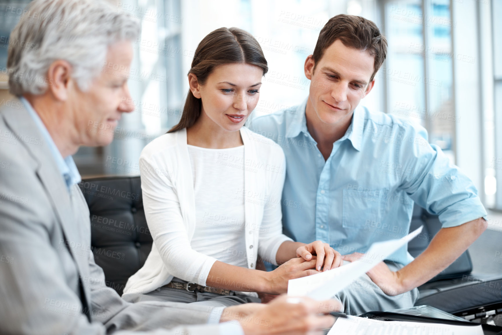 Buy stock photo Discussion, documents and lawyer with couple in office for prenup agreement, meeting and advice. Marriage contract, legal advisor with man and woman in law firm for deal, estate planning and proposal