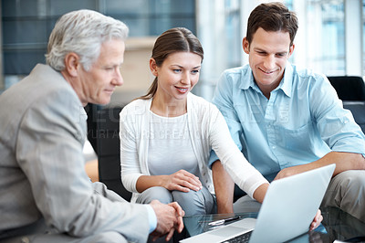 Buy stock photo Couple, meeting and lawyer in office with laptop, research and finance report for asset management. Smile, people and attorney in workplace with pc, review budget and loan application for investment