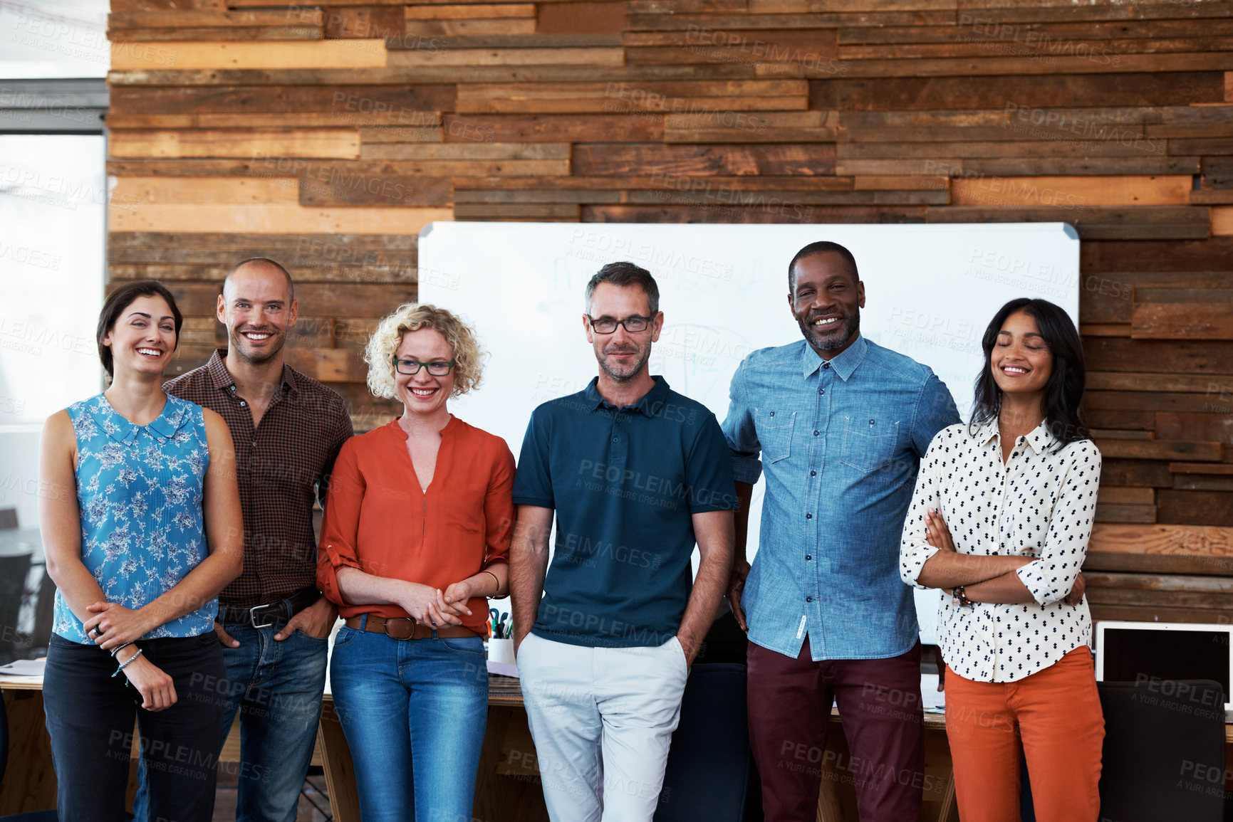 Buy stock photo Smile, portrait and pride with business people in office for solidarity, about us or diversity. Community, staff and collaboration with group of employees for support, team and partnership together
