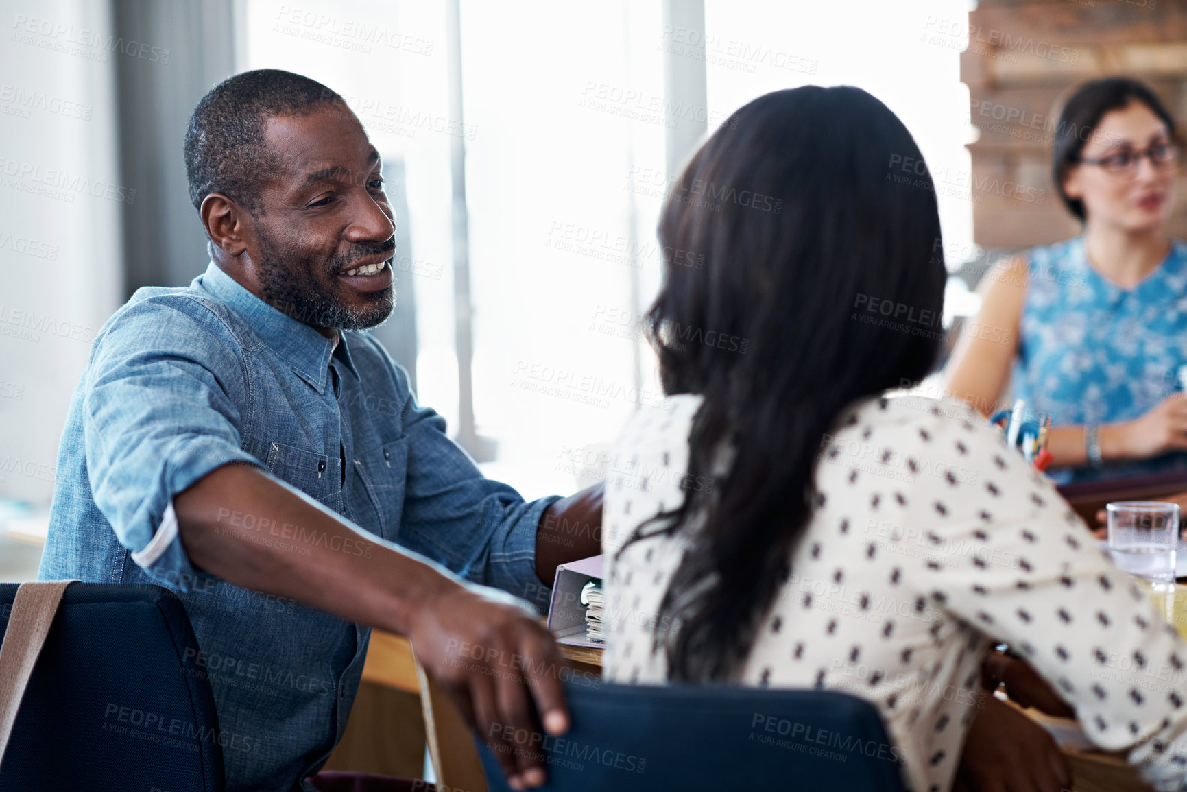Buy stock photo Team, planning and talk with business man in meeting for idea, support and marketing campaign. Advice, engagement review and target audience with employees for branding project and discussion
