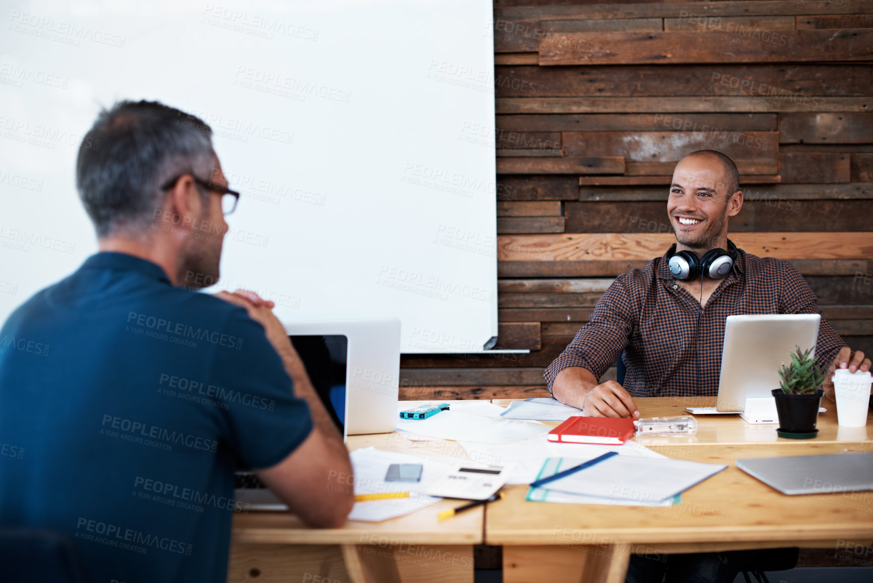 Buy stock photo Happy, man and meeting in office with laptop, good news or partnership for digital marketing project. People, planning and computer in business for brand awareness, advertising and positive feedback.