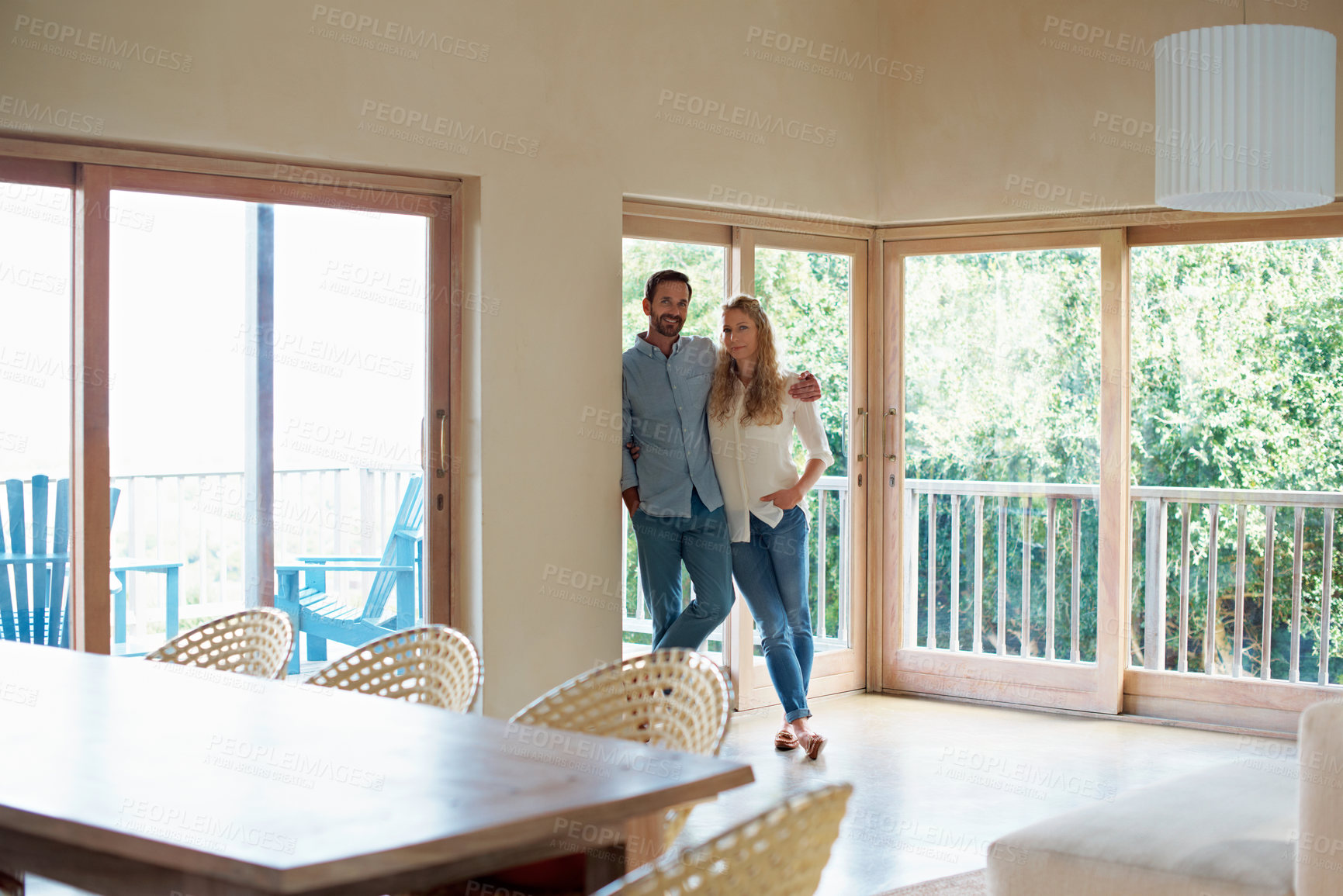 Buy stock photo Smile, portrait and love with couple in new home for moving, connection or relocation together. Happy, commitment and real estate investment with man and woman in house for partner, care and security