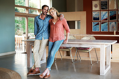 Buy stock photo Full length portrait of an affectionate couple standing in their home