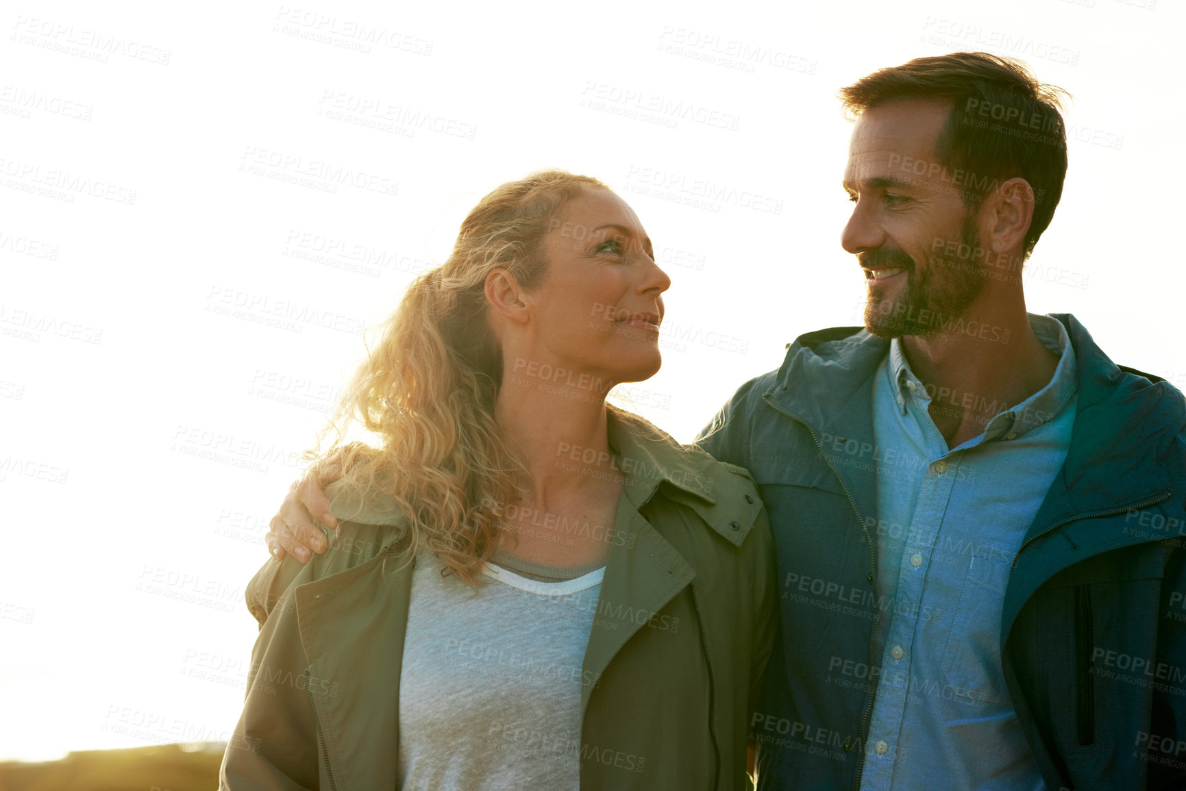 Buy stock photo Smile, relax and love with couple at beach for vacation, marriage connection and support. Happy, travel adventure and trust with man and woman outdoor for bonding, partners and holiday together