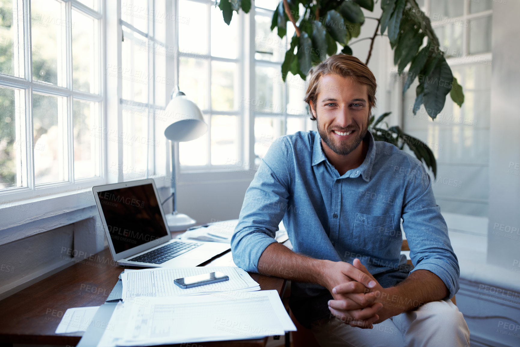 Buy stock photo Smile, laptop and portrait of man for remote work, finance career or business in home. Happy person, freelancer and financial manager with tech or document for investment planning and confidence