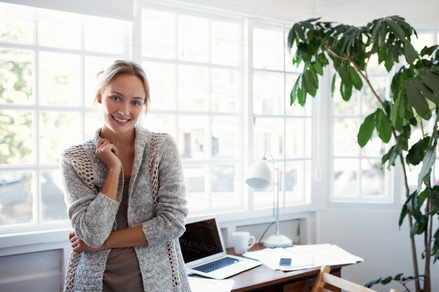 Buy stock photo Business, happy woman and portrait in home office for remote work and creative freelancer. Editor, proofreading and female person with proud smile in house, research or review with laptop for WFH