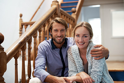 Buy stock photo Portrait of a smiling young couple at home
