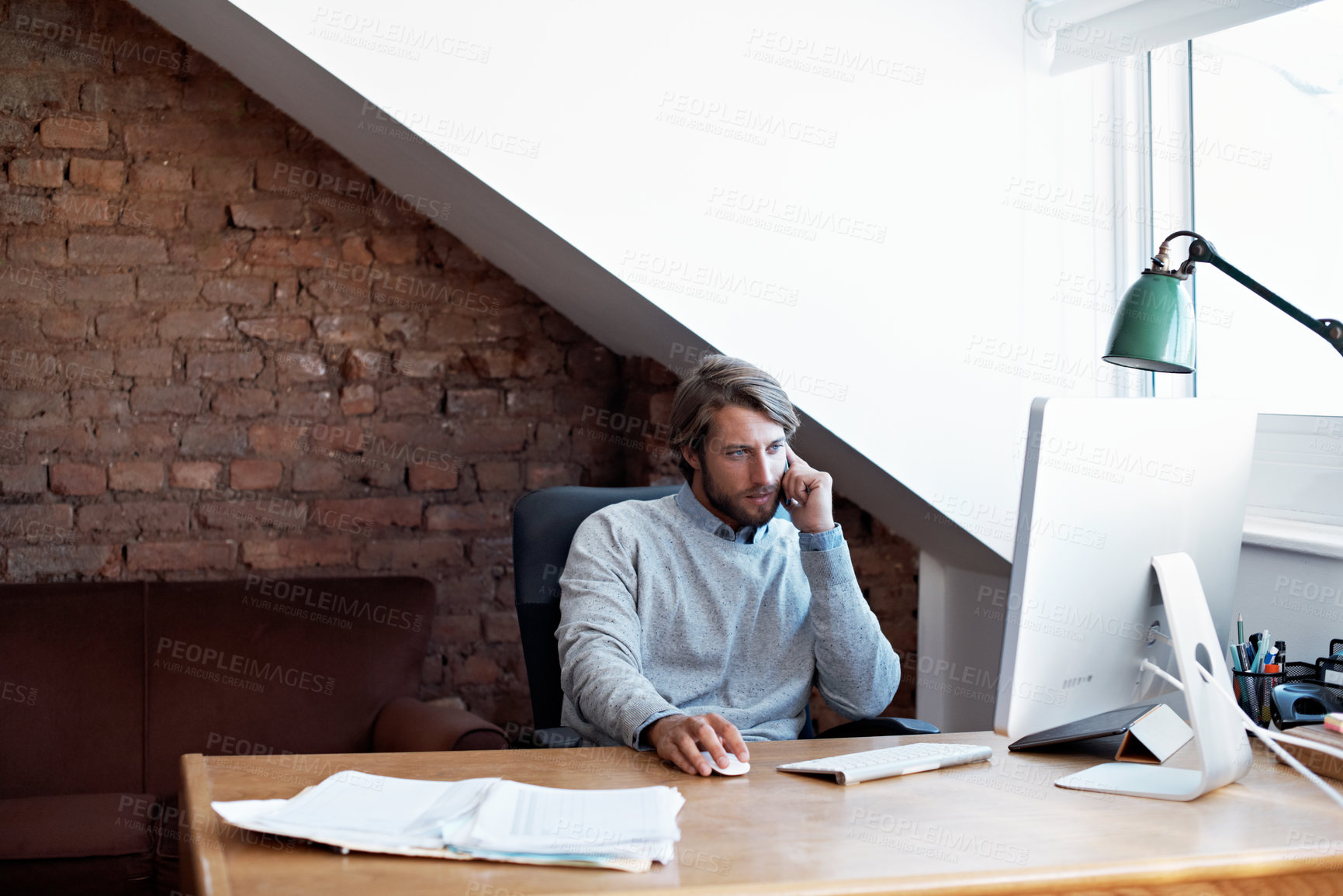 Buy stock photo Computer, call and business man in home office for contact, negotiation and remote legal assistant. Paralegal, WFH or online for communication with phone conversation, mediation and legislation email