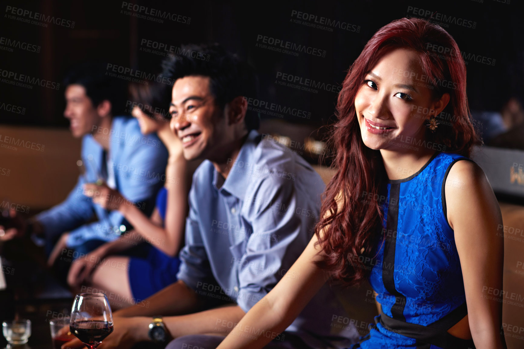 Buy stock photo Smile, bar and portrait with woman at club for celebration, weekend break or social gathering. Alcohol, friends and party with asian people at night pub for new years eve event, disco and culture