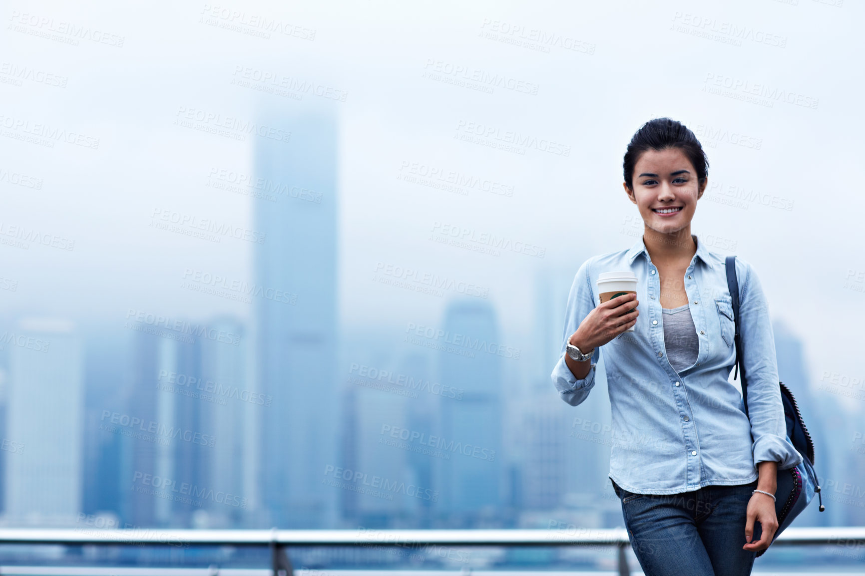 Buy stock photo Woman, portrait and smile on promenade with trip for holiday, coffee and happy with sightseeing. Person, harbor and outdoor in port town for travel, tourism and space with beverage on vacation