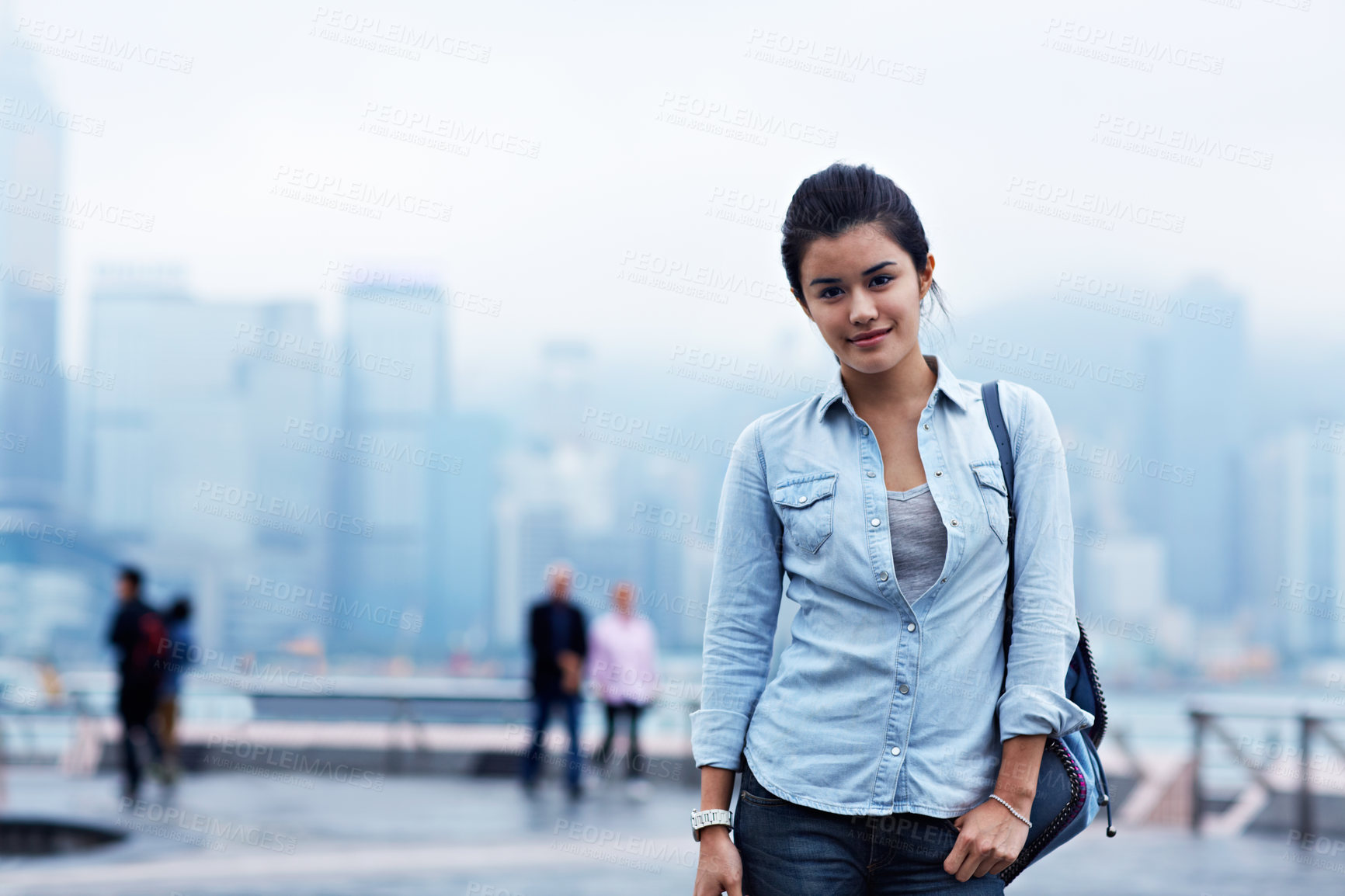 Buy stock photo Holiday, asian woman or happy portrait outdoor for solo travel, city sightseeing or vacation abroad. Tourist, person and explore destination for urban tourism, getaway trip and time off in overseas