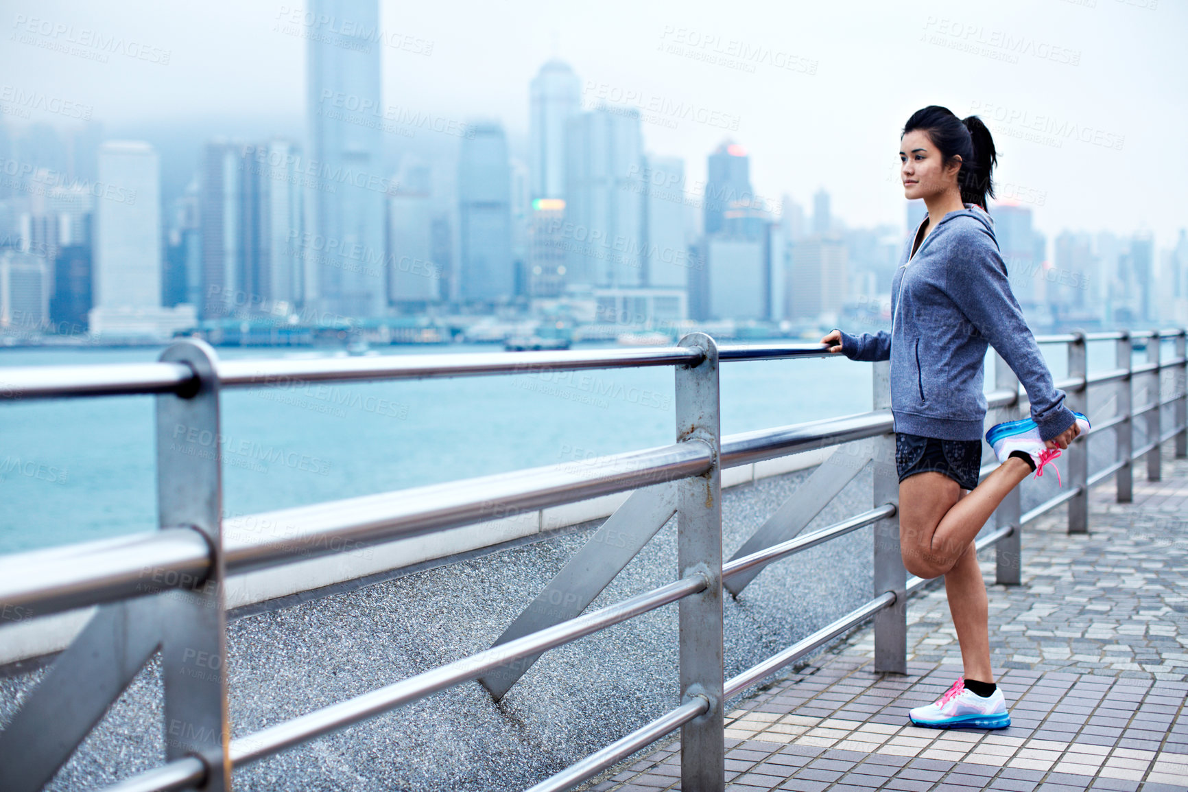 Buy stock photo Fitness, thinking and Asian woman in city stretching for exercise, workout and runner challenge. Sports, bridge and person warm up for training, muscle wellness and active for health in Hong Kong