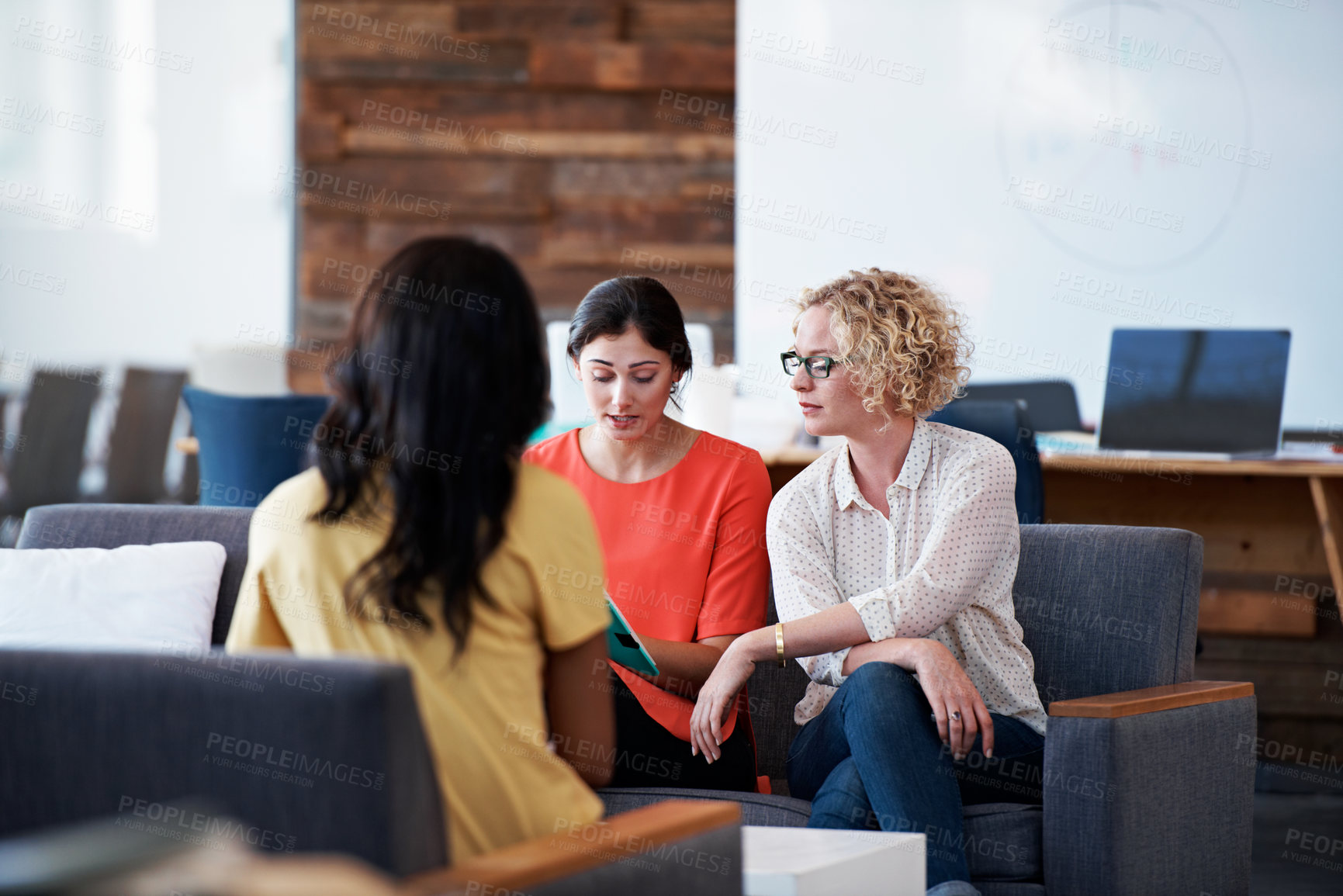 Buy stock photo Interview, hiring and women in office with portfolio, resume or meeting in onboarding process. Coworking, review or recruitment in agency with document, candidate or proposal for career opportunity