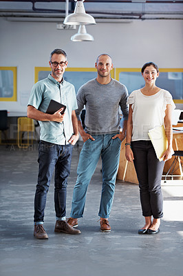 Buy stock photo Portrait of three colleagues standing together