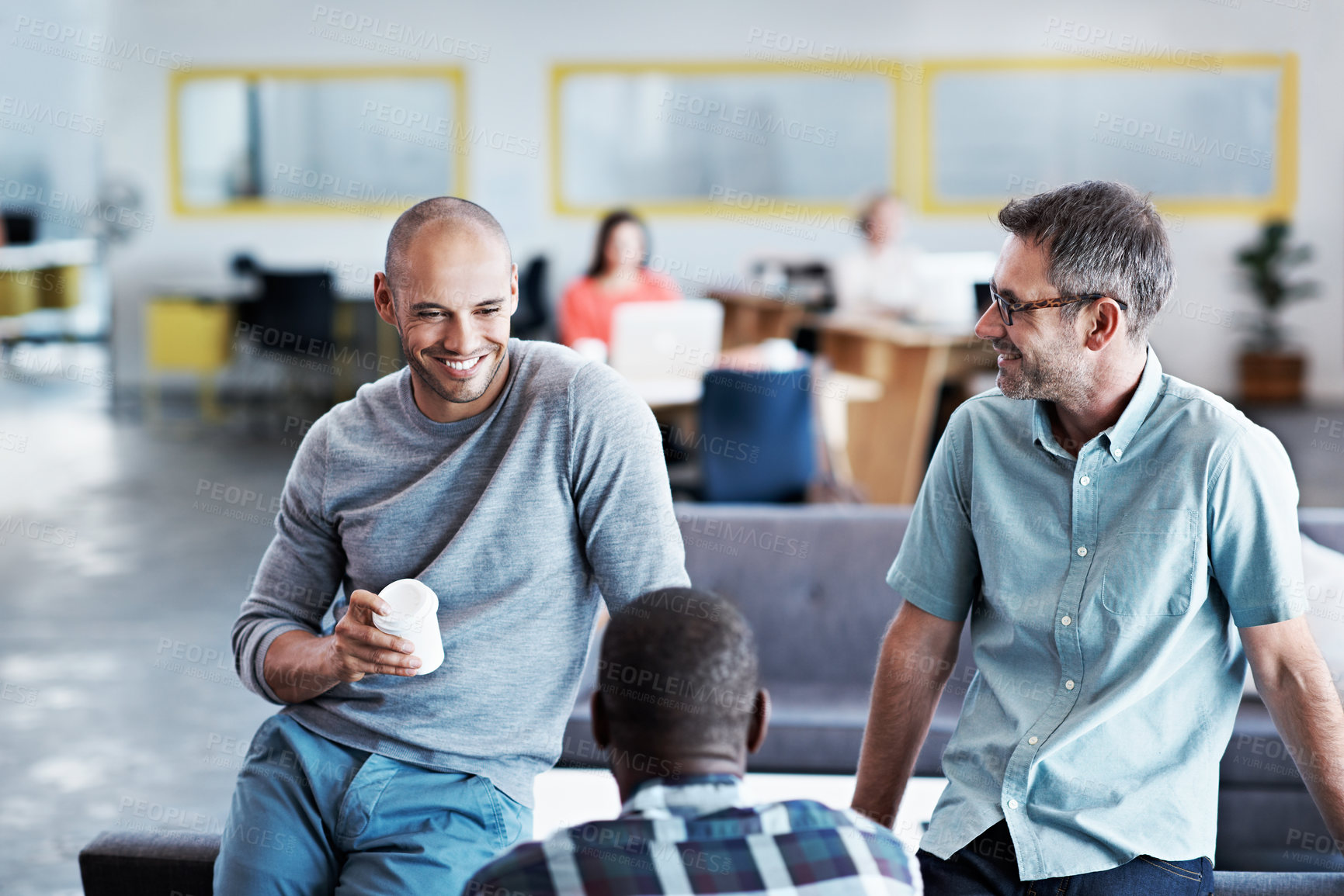 Buy stock photo Men, meeting and team in office for creativity, project planning or brainstorming for productivity. People, campaign group and discussion in agency for collaboration, feedback and smile for good idea