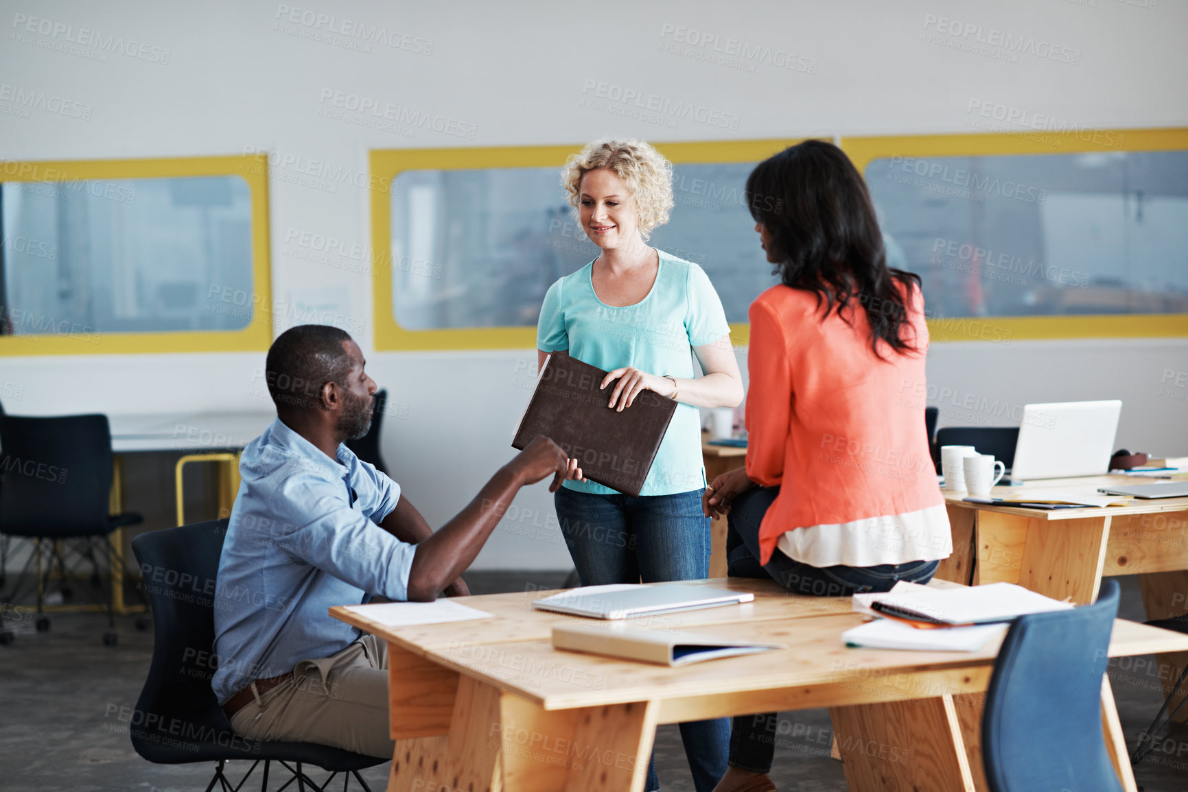 Buy stock photo Advice, documents and team with business people in office for marketing strategy, planning and research. Target audience campaign, collaboration and paperwork with employees in agency for project