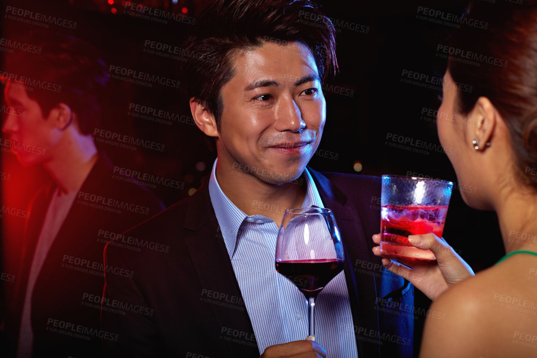 Buy stock photo Date, smile and drink with couple at nightclub for conversation, relationship and happy hour. Party, communication and event with man and woman at pub for alcohol, support and nightlife hangout