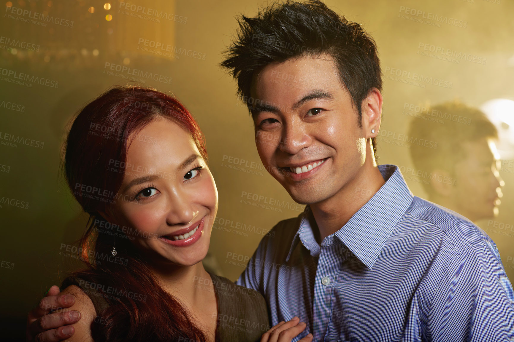 Buy stock photo Smile, portrait and Asian couple in nightclub for party, celebration and date night together. Happy, relationship and man with woman in bar for bonding, love and social event on weekend or holiday