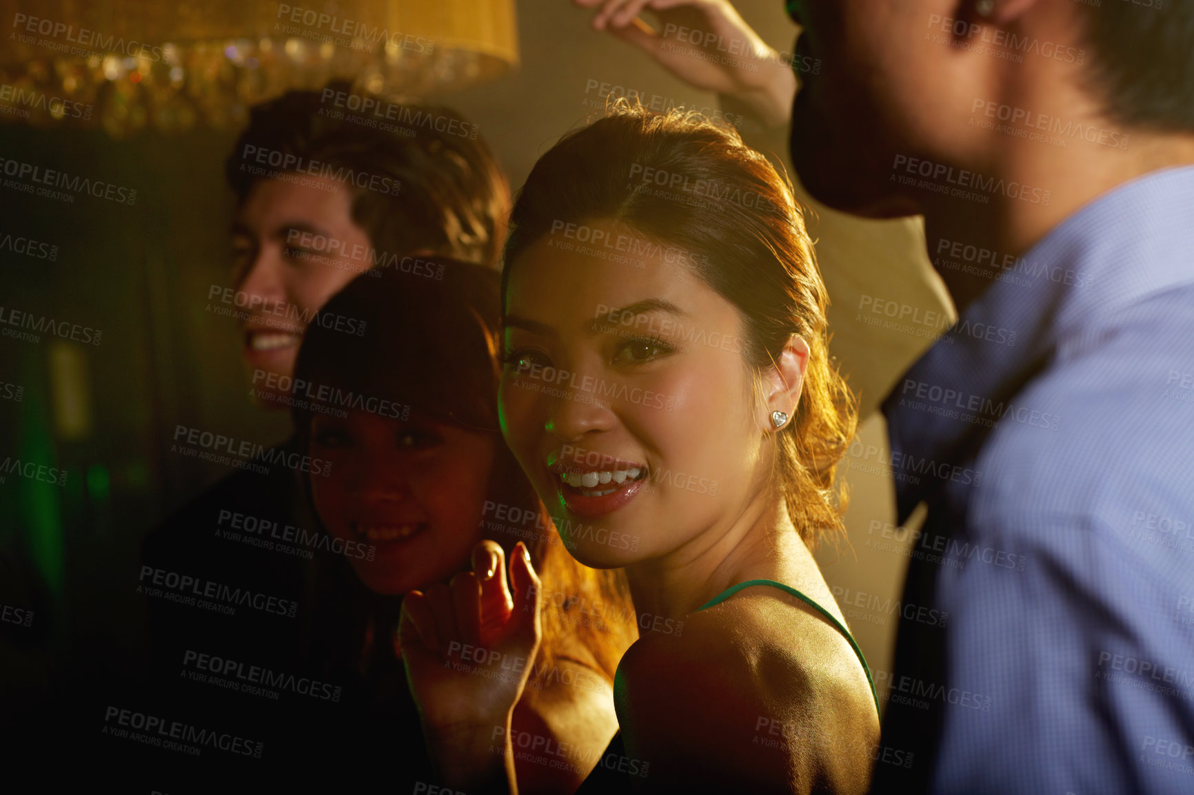 Buy stock photo Portrait, happy and music with asian woman in club for social gathering, disco festival and celebration. Smile, rave and weekend break with friends at night for new year event, concert and bonding