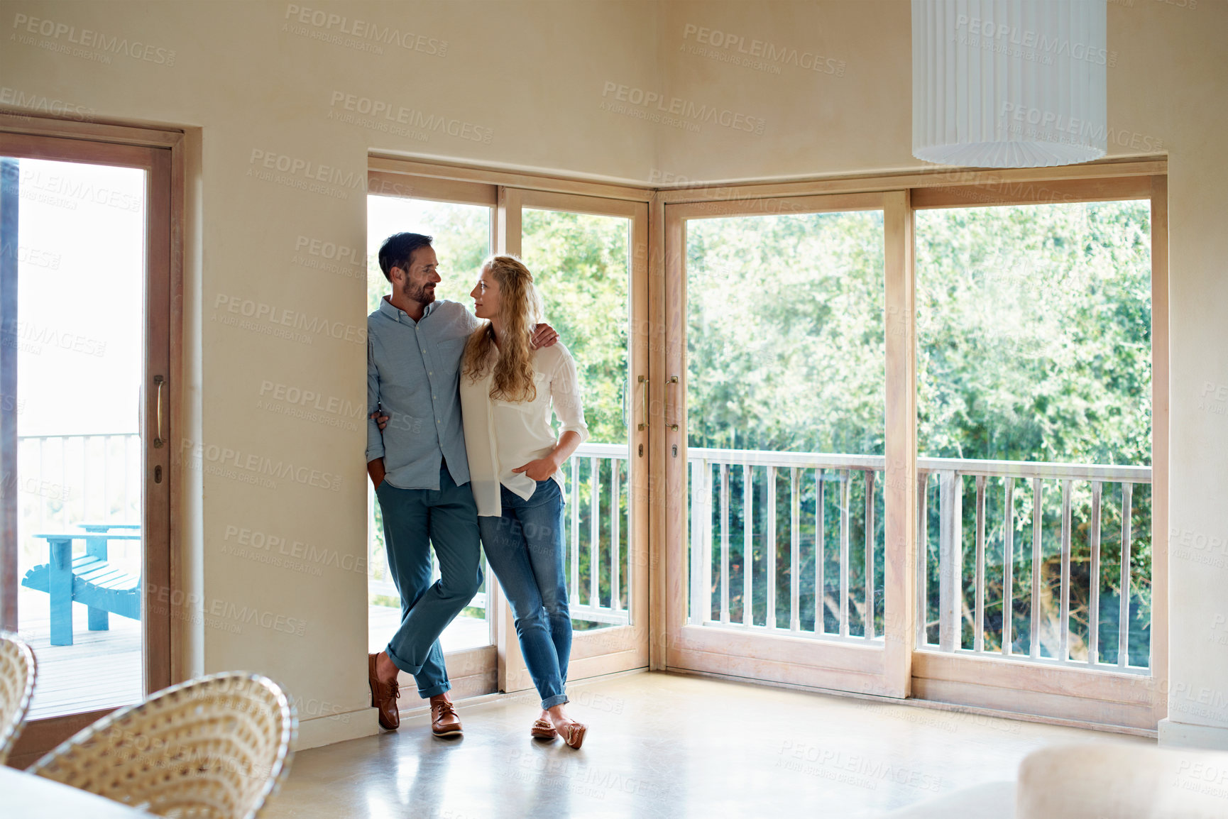 Buy stock photo Couple, support and chilling on break in house, relationship commitment and connection with partner. Love, embrace and happy with spouse, man and affection for woman and relax together in home