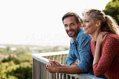 Buy stock photo Cropped shot of an affectionate couple standing outside
