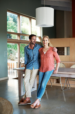 Buy stock photo Full length portrait of an affectionate couple standing in their home