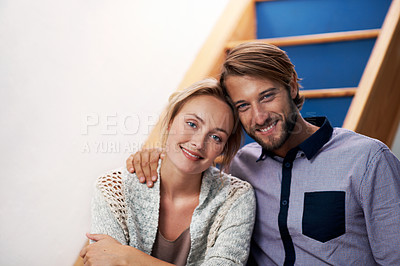 Buy stock photo Portrait of a smiling young couple at home