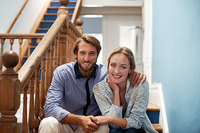Buy stock photo Portrait of a smiling young couple at home