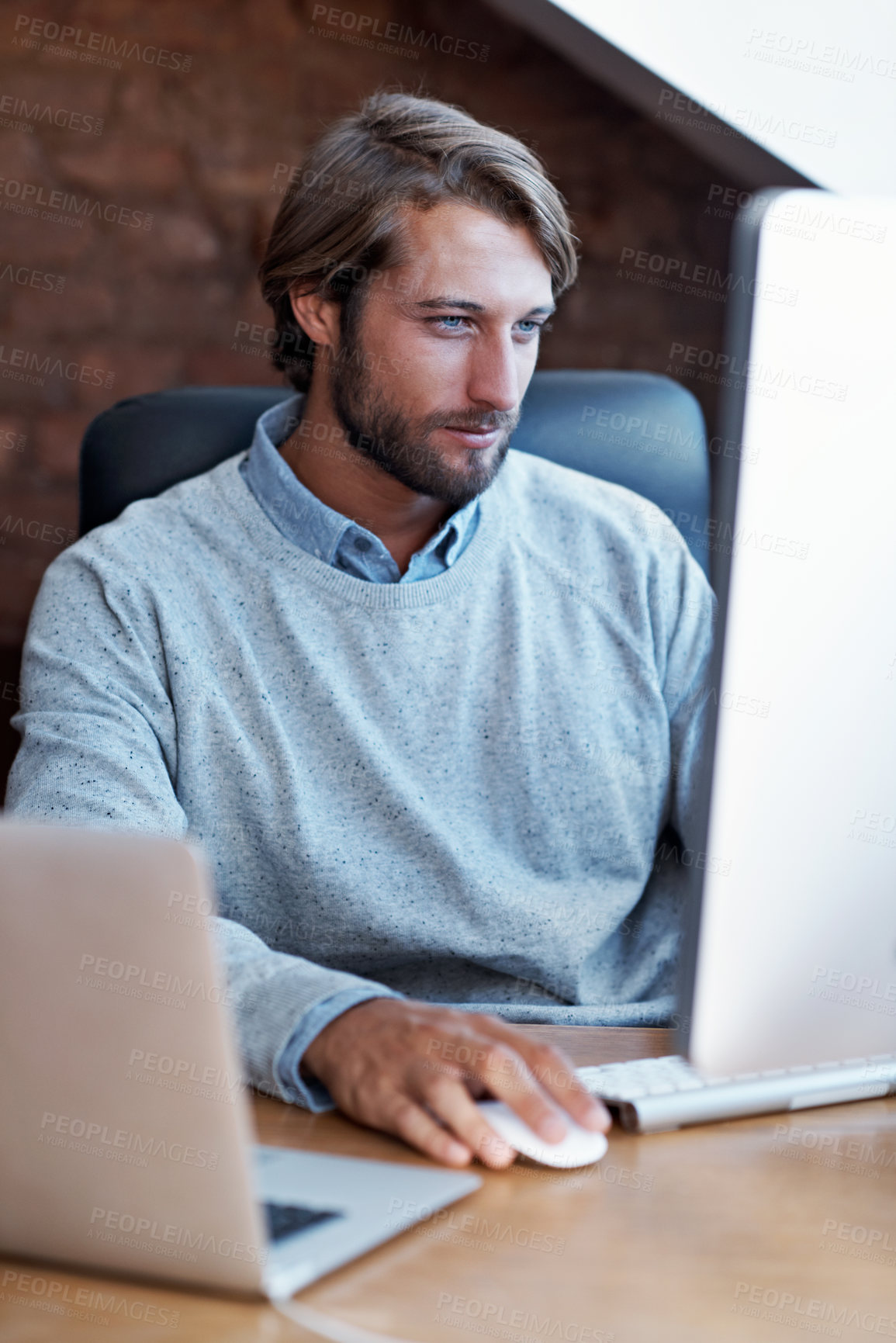 Buy stock photo Man, browsing and remote work in home office with computer, insurance claim email or risk assessment. Contractor, person and reading in house with pc, online incident report and review policy payout.
