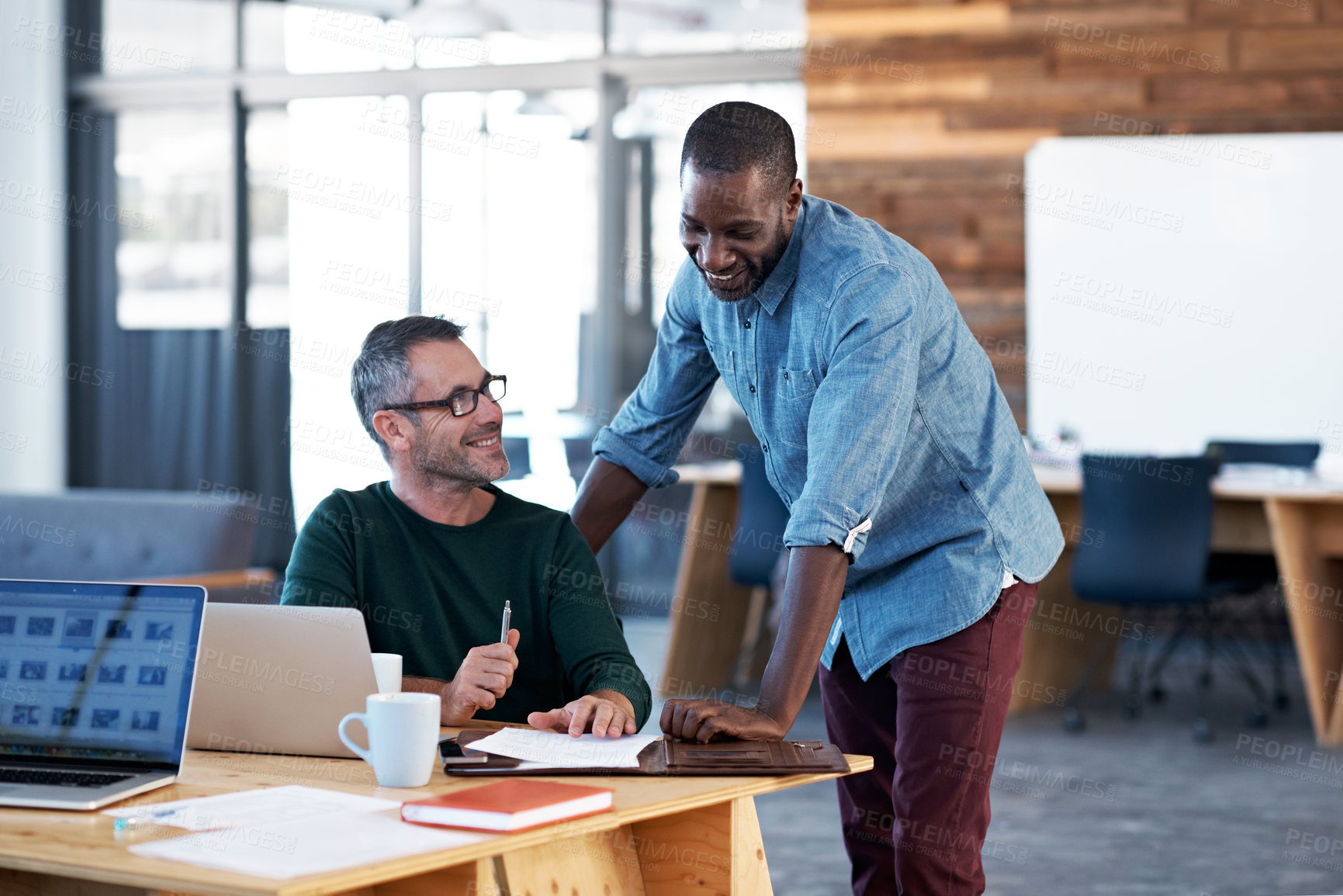 Buy stock photo Reading, documents and meeting with business people in office for advisor, branding manager and team. Discussion, campaign feedback and paperwork with employees in agency for project and research