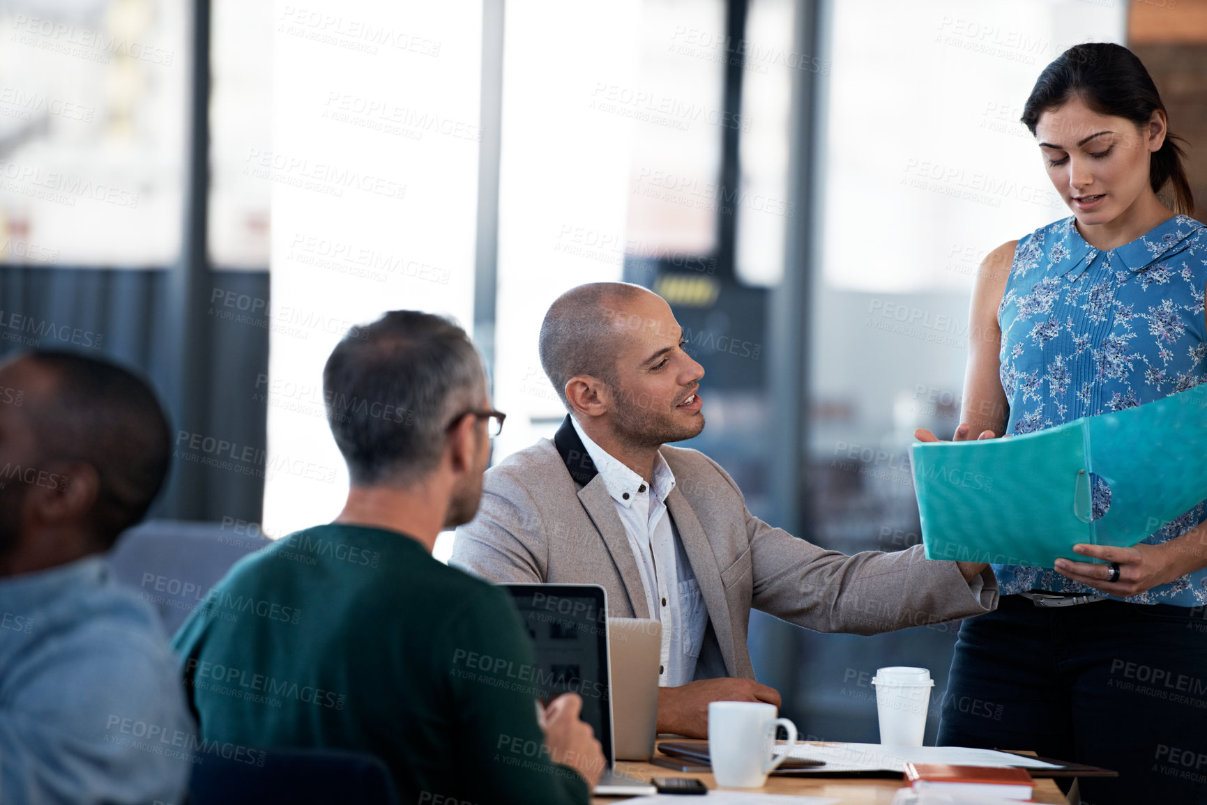 Buy stock photo Business people, team and folder in office with advice,  research or plans for creative project. Colleagues, collaboration and check documents for help in coworking workplace with feedback at startup
