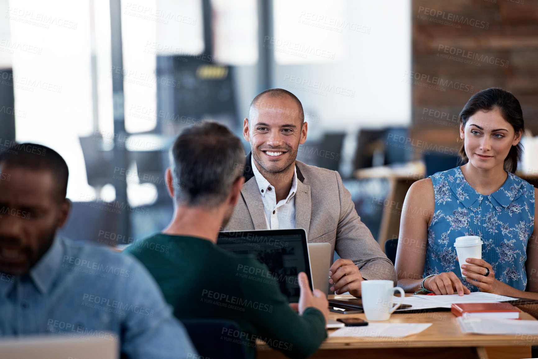 Buy stock photo Laptop, happy and team with business man in office for ads specialist, seo workshop or branding. Campaign strategy, training and collaboration with employee in marketing agency for tech and smile