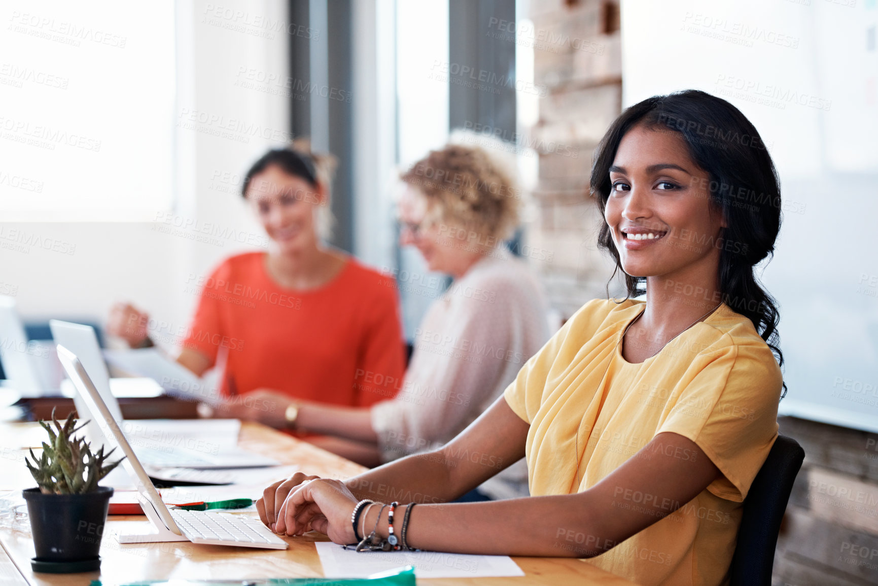Buy stock photo Business, woman and smile at laptop in office for story publication, creative experience or editing. Tech, happy editor and portrait in coworking agency for news reporting, credibility and about us