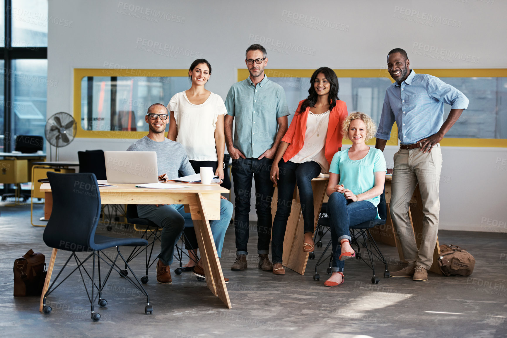 Buy stock photo Creative, portrait or team in agency with smile, campaign experts or about us in advertising career. Happy, people or branding staff with diversity, PR specialist or confidence in marketing industry.