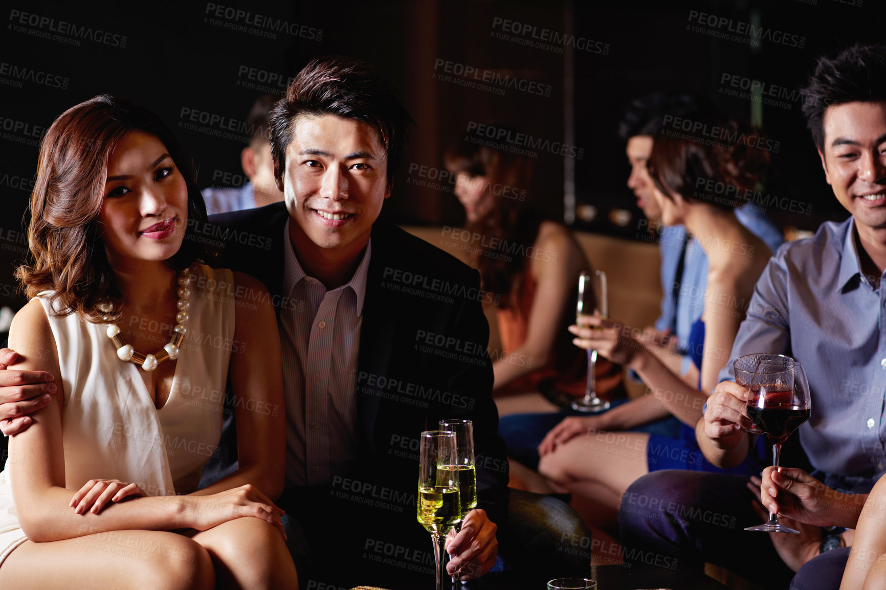 Buy stock photo Relax, portrait and wine with asian people in club for social gathering, disco festival and celebration. Alcohol drink, smile and weekend break with friends at night for new year event and bonding