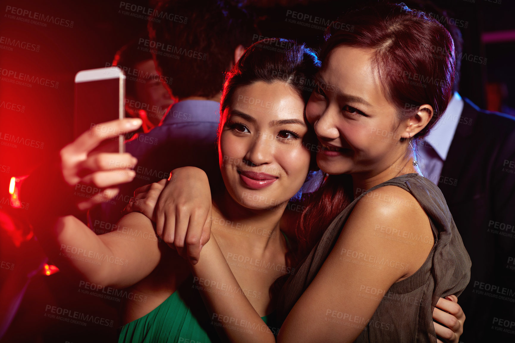 Buy stock photo Women, selfie and smile in nightclub for party, celebration and birthday on weekend with memory. Group of people, friends and hug at festival for event, social media or profile picture on New Year