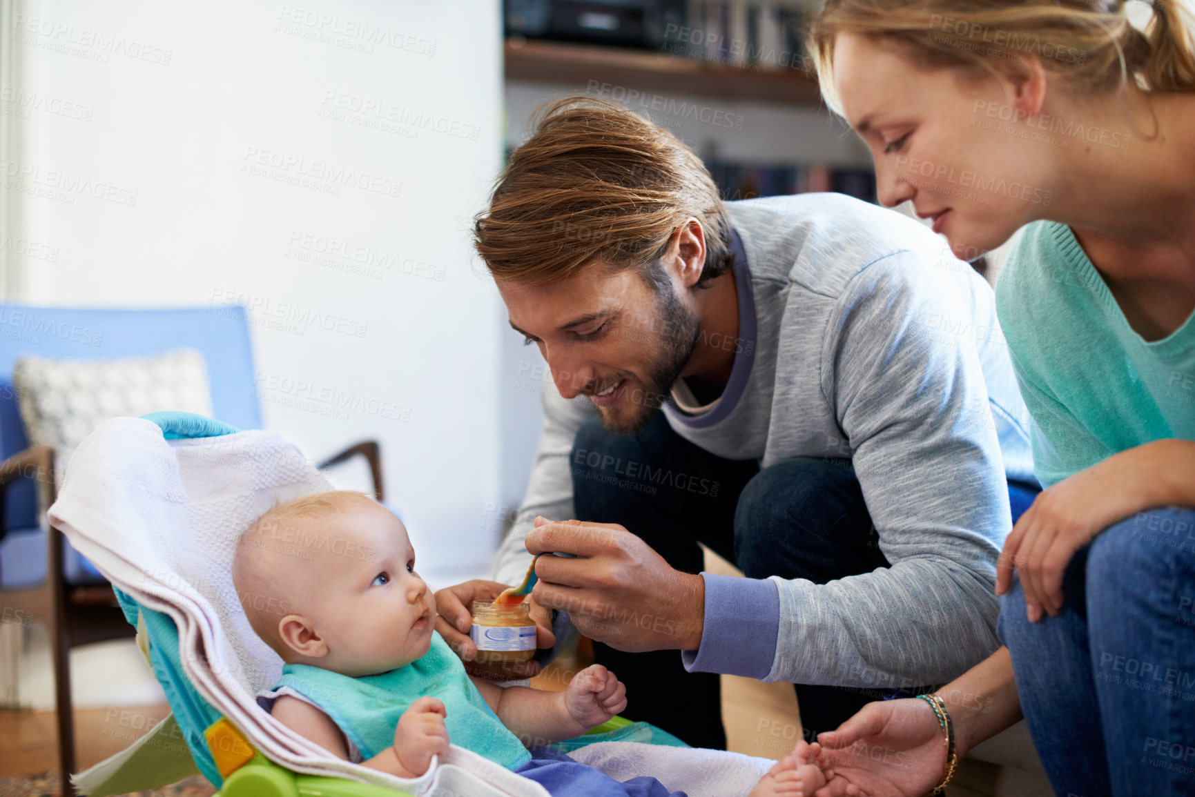 Buy stock photo Care, parents or baby in house with feeding, nutrition meal or bonding together for child growth. Wellness, love or people with food, happy relationship or family connection in healthy development.