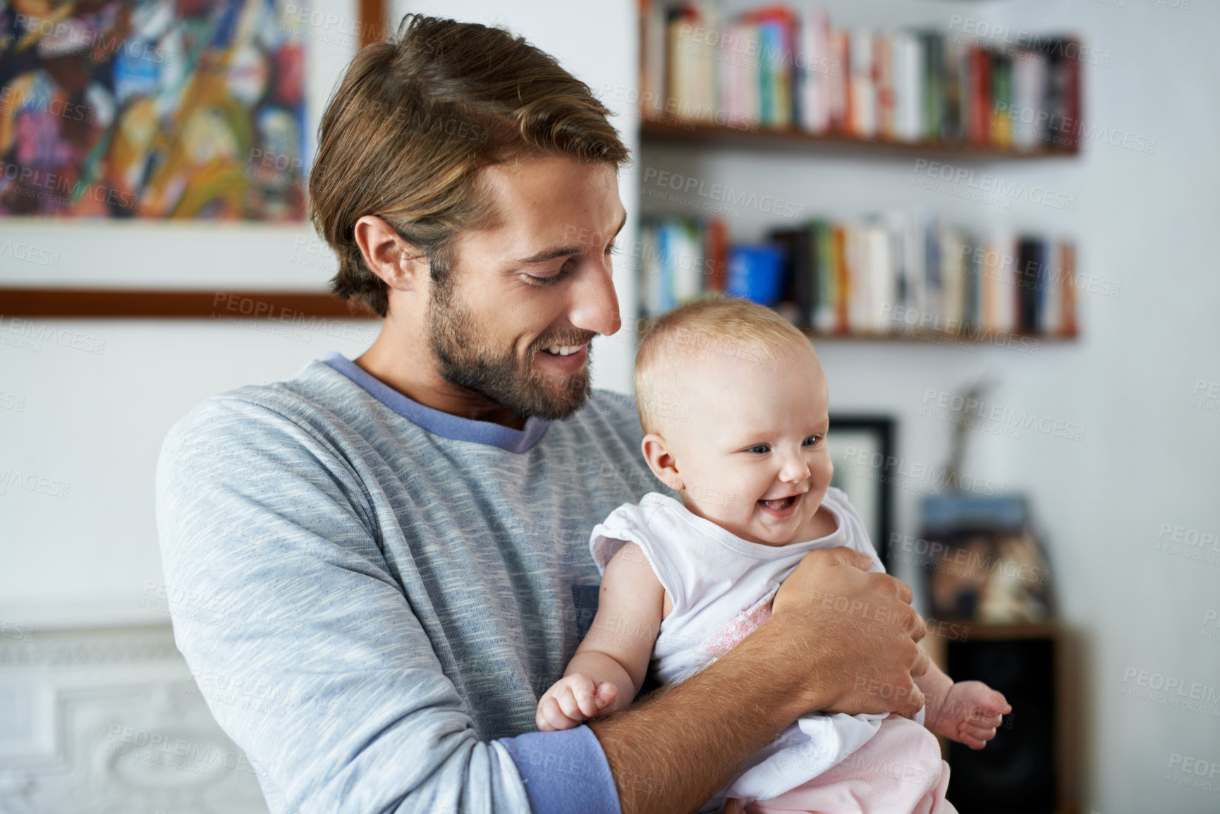 Buy stock photo Childcare, dad and bonding with baby in house, happy and affection for daughter in lounge and relax. Father, smile and man with child, love and connection with little girl or family together in home