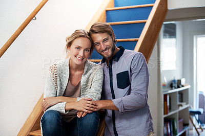 Buy stock photo Portrait of a smiling young couple at home