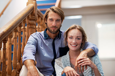 Buy stock photo Portrait of a smiling young couple at home