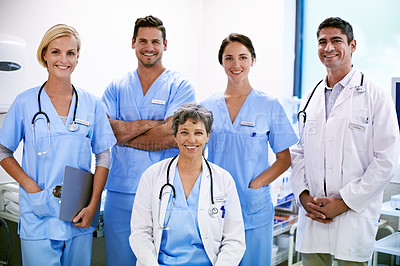 Buy stock photo Portrait of successful team of doctors in a hospital