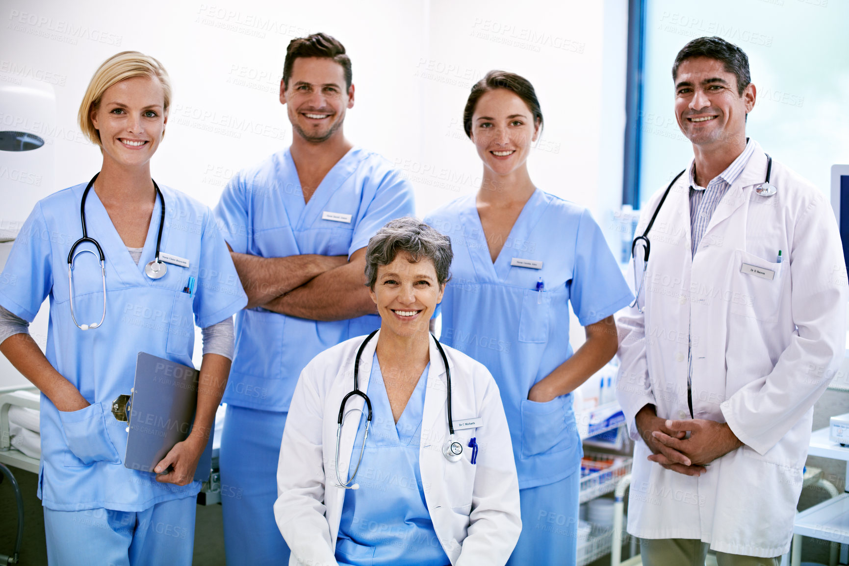 Buy stock photo Doctor, team and smile in portrait for healthcare service, patient care and clinic management. Staff solidarity, people or nurses with confidence in ward for health support, expertise or shift leader
