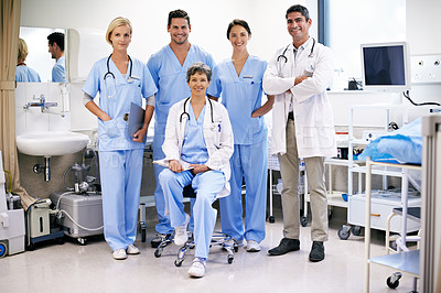 Buy stock photo Portrait of successful team of doctors in a hospital