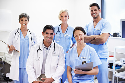 Buy stock photo Portrait of successful team of doctors in a hospital